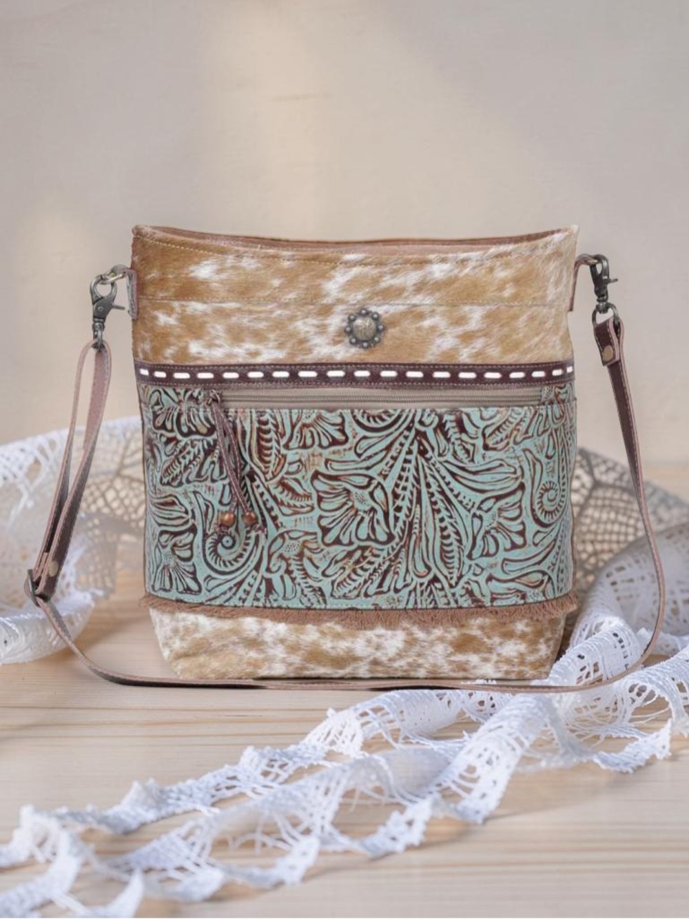 Myra Bag NWT Peridot Canvas Turquoise Hairon Crossbody Shoulder Bag 16 X 14 New